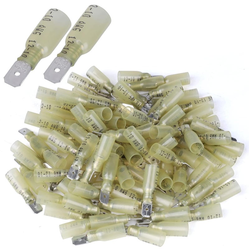 VAMRONE 100 PCS 12-10 AWG Waterproof Heat Shrink Quick Disconnect Connectors, Crimp Electrical Wire Male Spade Connectors Insulated Disconnect for Marine Automotive Motorcycle Home Wiring (Yellow) - Image 1